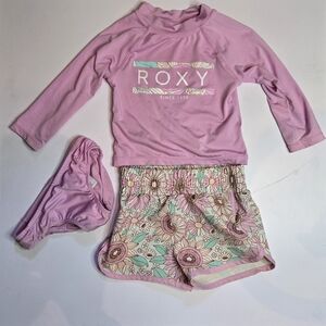 Roxy Girls' Pink Floral Swim Set - Rash Guard, Briefs & Shorts
